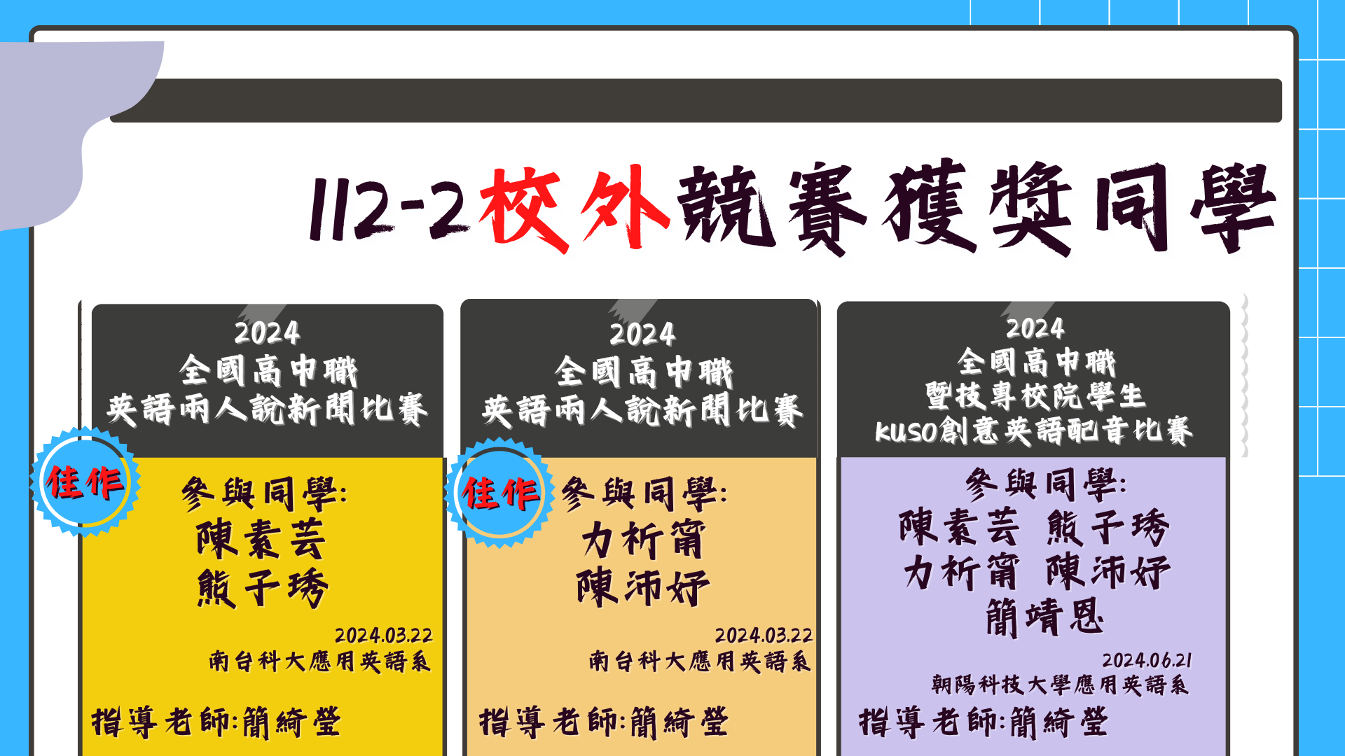 112-2校內外競賽獲獎名單